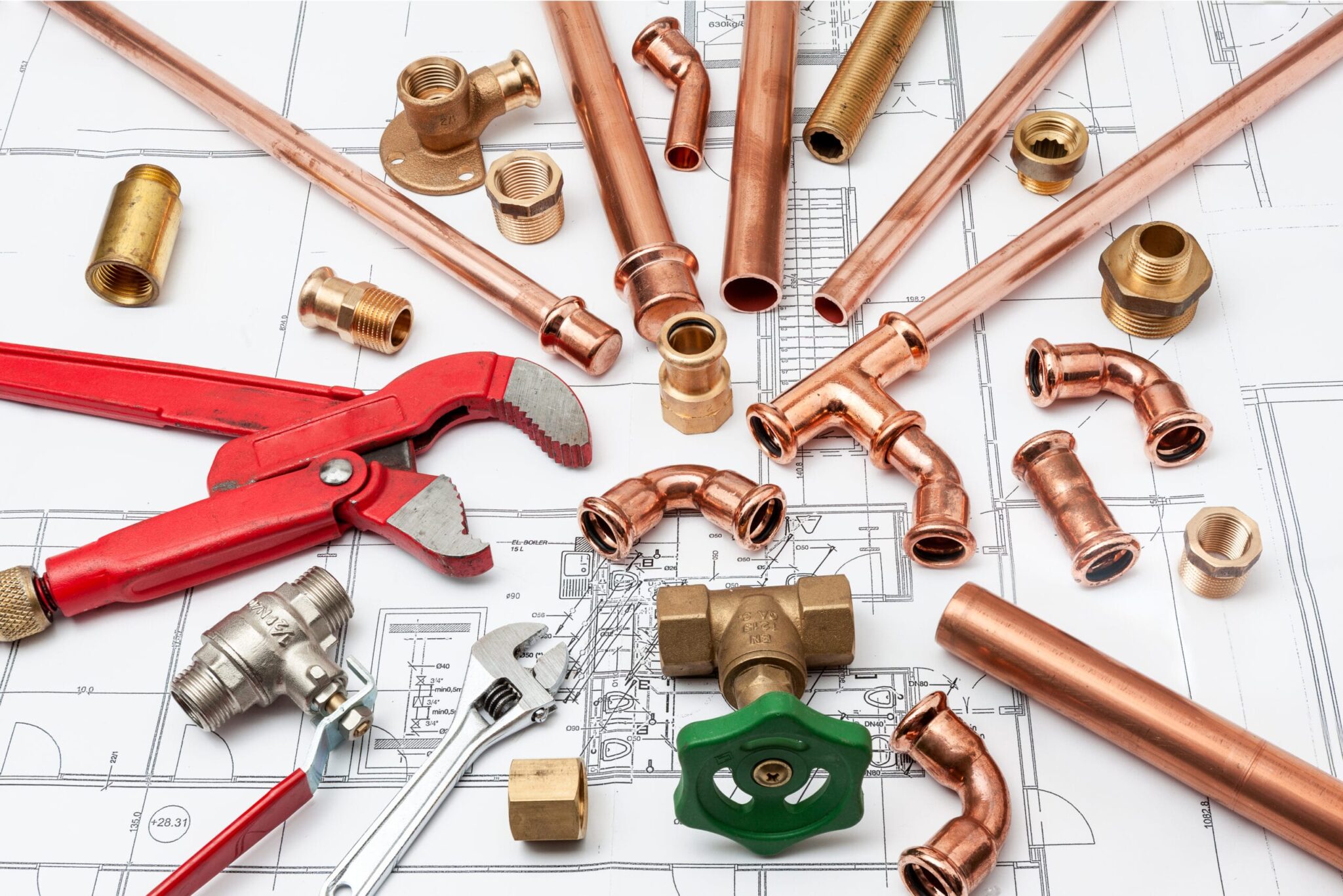 Copper pipes, fittings, valves, and plumbing tools in Santa Cruz