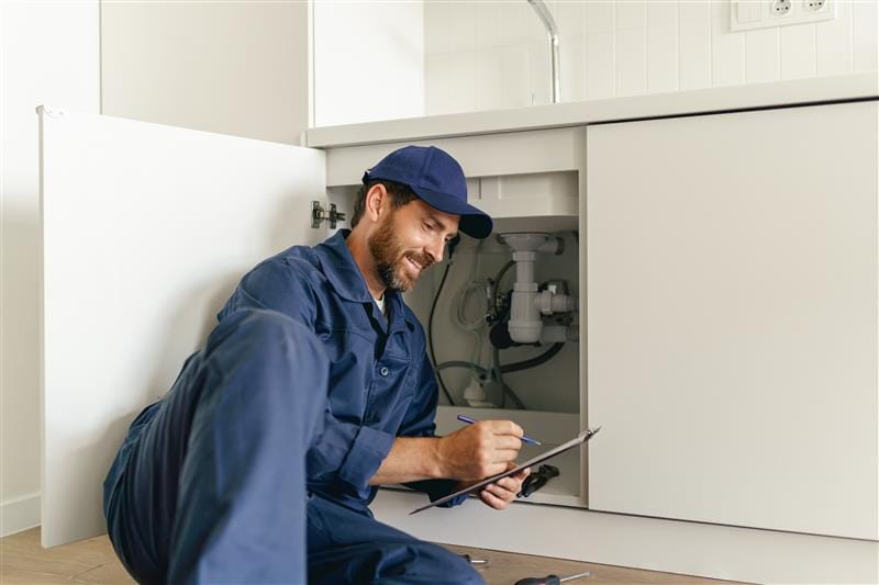 Residential plumber reviewing plumbing repairs in a Santa Cruz kitchen
