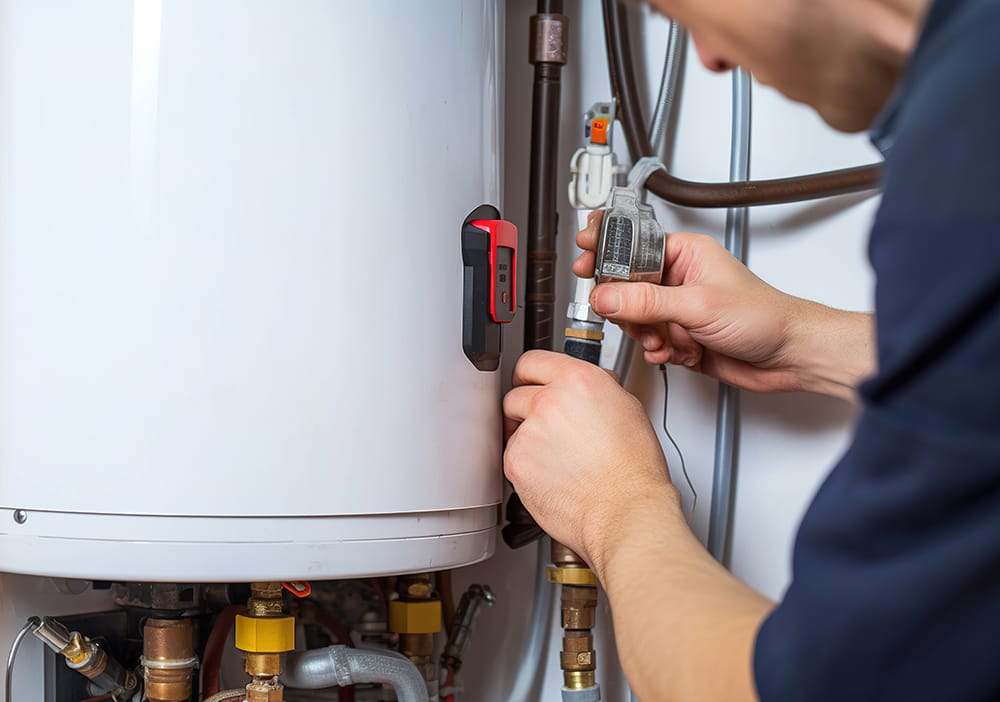 Technician repairing pipes connected to a water heater in Santa Cruz